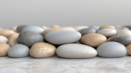 A collection of smooth pebbles arranged on a white background, symbolizing balance, simplicity, and natural harmony. Modern blurred empty space on the side offers room for creative captions.


