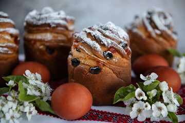 Easter Bread Cruffin and painted eggs. Easter Holiday.