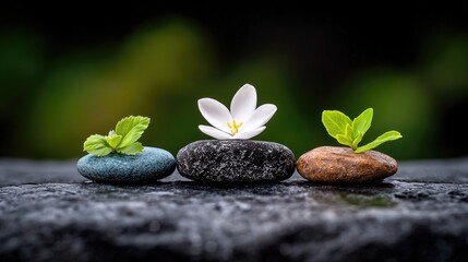 Serene garden flower on stones, nature background, spa concept