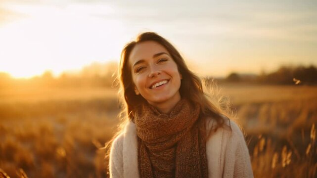 Backlit Portrait of calm happy smiling free woman with closed eyes enjoys a beautiful moment life on the fields at sunset	
