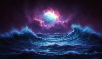 Fototapeta premium Surreal Cosmic Ocean Wave Night with Luminous Moon and Tropical Vibe