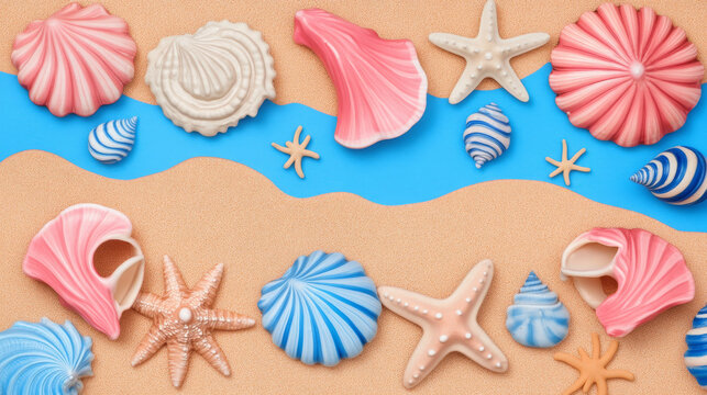 Seashells and starfish on sandy beach background