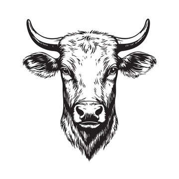 Detailed monochrome vector of a bull head, strong horns, powerful, farm animal, ideal for logos, mascots, prints, agriculture themes., farm themes. Easy editable layere, Farm animals.