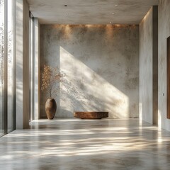 Modern Minimalist Concrete Room with Natural Light and Shadows