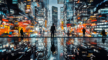 Fototapeta premium Futuristic cityscape with vibrant lights and reflections