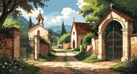 Naklejka premium Rustic lane with a small chapel and iron gates at the entrance illustration