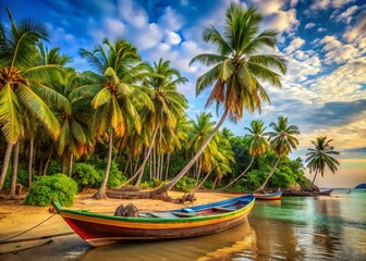 Tropical Beach Paradise with Palm Trees and Fishing Boats
