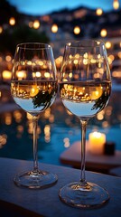 Romantic Evening by the Pool: Two crystal-clear glasses of white wine gleam against the soft glow of candlelight and twinkling fairy lights.