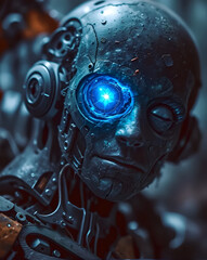 Broken robot, high tech, blue light, closeup view
