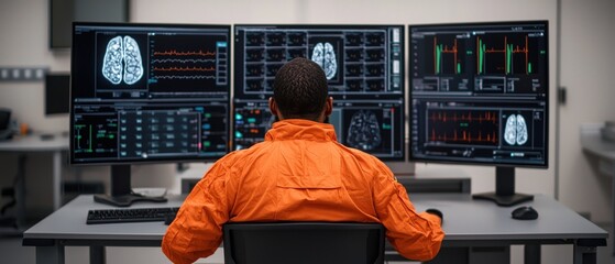 Personalized Medicine Concepts. Medical professional analyzing brain scans on multiple screens.