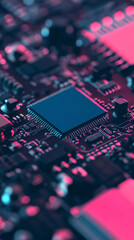 Close up of circuit board with vibrant lighting
