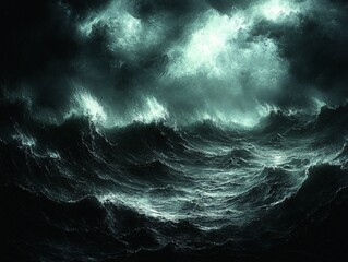 Fototapeta premium Stormy Seascape: A dramatic seascape featuring towering waves crashing against each other under a stormy sky. The image evokes a sense of raw power and the untamed beauty of nature. 