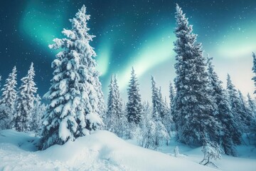 Naklejka premium enchanted winter wonderland with snowcovered pines and aurora borealis