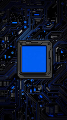Blue microchip on circuit board background