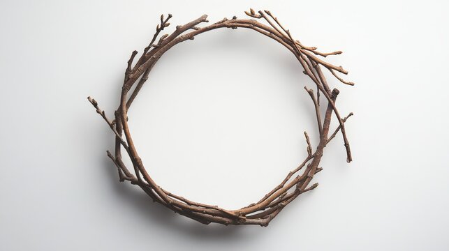 Twigs arranged in an oval shape on white background