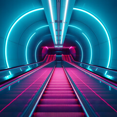 Obraz premium liminal place escalator, neon lights, 3d render 