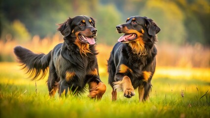 Two Active and Playful Black and Gold Hovawart Dogs