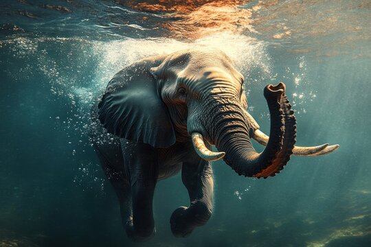 Majestic elephant swimming underwater with vibrant colors bubbles soft sunlight
