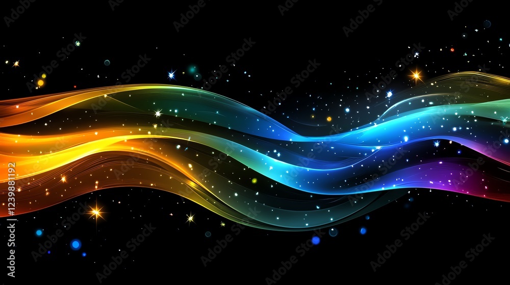 Poster colorful wave patterns with sparkling elements create a vibrant and dynamic visual effect in a dark 