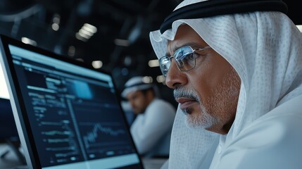 A focused individual analyzing data on a computer screen in a modern office setting.