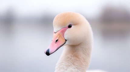Obraz premium Young swan portrait, lake background, wildlife nature