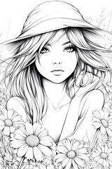 Fototapeta premium A woman with long blonde hair is wearing a straw hat and standing in a field of flowers. The flowers are yellow and white, and the woman's hair is flowing in the wind. The scene is peaceful and serene