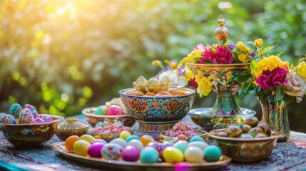 Fototapeta premium A vibrant Haft-Seen table with spring flowers and colorful eggs, symbolizing renewal and hope in Persian New Year traditions.