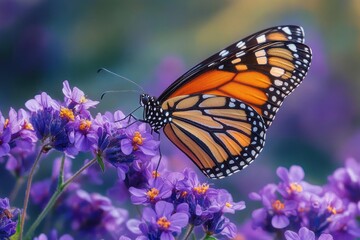 Obraz premium Monarch butterfly perched on purple aster flowers in summer nature scene with vibrant colors