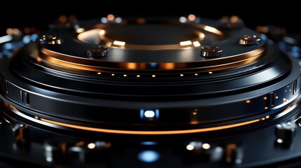 Futuristic metallic disc with glowing orange accents and intricate details.