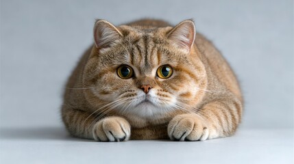Obraz premium A fluffy, orange tabby cat with large eyes, crouching and looking curiously at the viewer.