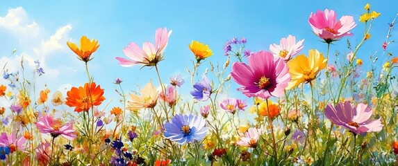 Wildflower Meadow Under Bright Blue Sky Summer Landscape