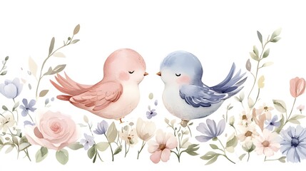 Watercolor Birds Amidst Blooming Floral Delights