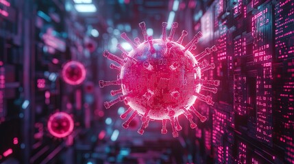 Obraz premium A glowing holographic virus structure surrounded by digital matrix code, futuristic and menacing