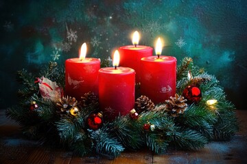 Christmas Wreath with Red Candles Cozy Advent Scene