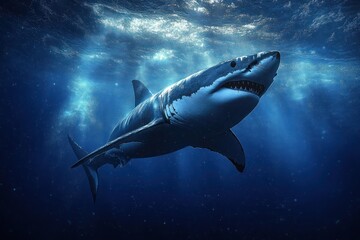 Fototapeta premium Great White Shark Diving in Blue Ocean Predator Underwater Photography