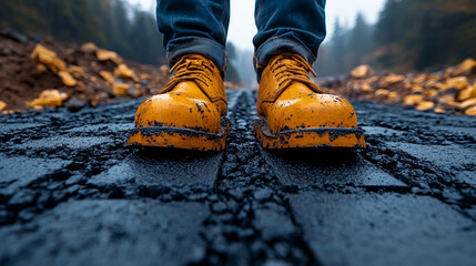 Muddy Yellow Boots on Fresh Asphalt Road Construction work soil duty heavy shoes labor image photo  