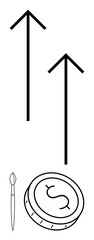 Two arrows pointing upwards with coin and paintbrush. Ideal for themes thumbs up growth, success, financial improvement, creativity, career progress, investment, and art industry. Line metaphor