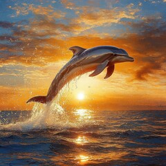 dolphin leaping jumping sunset ocean water beautiful vibrant scene impressionism © Milana
