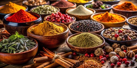 Fototapeta premium Vibrant Array of Spices in Warm Natural Light