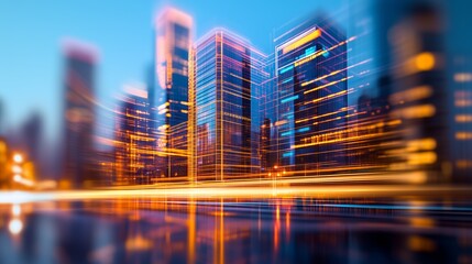 Networked skyscrapers glowing with digital connections, streaming binary data across illuminated urban skyline during twilight hour