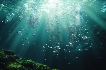 Obraz premium Underwater Scene of Blue Ocean Water with Air Bubbles, Scuba Divers, and Sunrays Creating a Serene Atmosphere