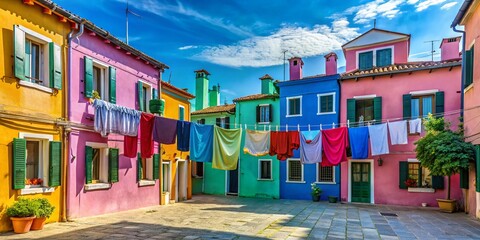 Fototapeta premium Vibrant Burano Island Laundry Line with Colorful Houses