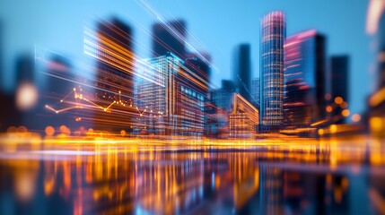 Luminous light trails intersecting upward trending graphs overlaying urban skyscrapers, representing technological innovation and financial district dynamism