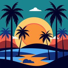 Vector tropical landscape with tall palm trees against the backdrop of sunset or sunrise.