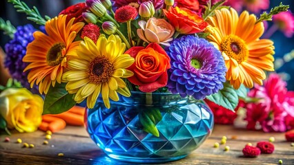 Obraz premium Vibrant Floral Bouquet Bursts with Color in Blue Glass Vase