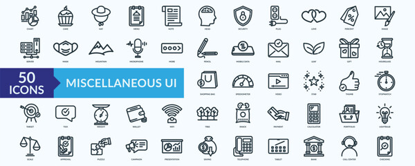 Miscellaneous UI icon collection set with chart,cake,hat,menu,note