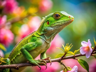 Obraz premium Vibrant Green Lizard Perched on Blooming Branch - Rule of Thirds Composition