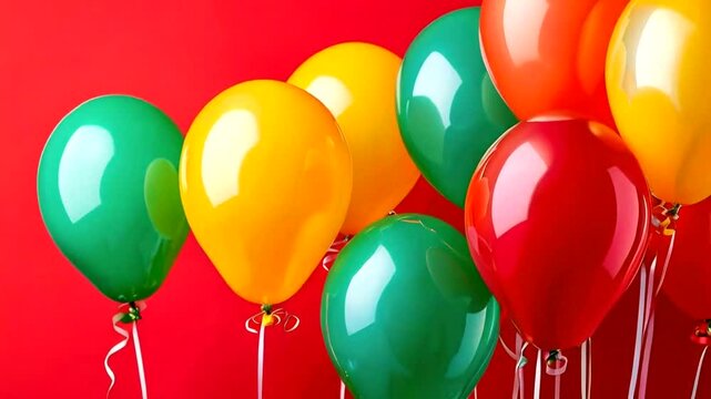 Colorful balloons in vibrant hues against a red backdrop