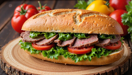 Delicious sandwich with meat, lettuce, and tomatoes on wooden board