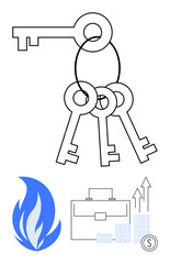 Four keys on a keyring symbolize access, opportunity, and security. Below, blue flame, briefcase, and growth chart with money reflect energy, business and financial success. Ideal for corporate